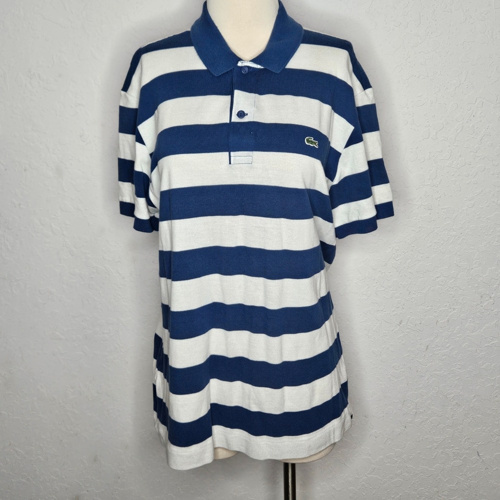 Lacoste Women's Blue White Striped Polo Shirt Size 6 L 100% Cotton Preppy Golf